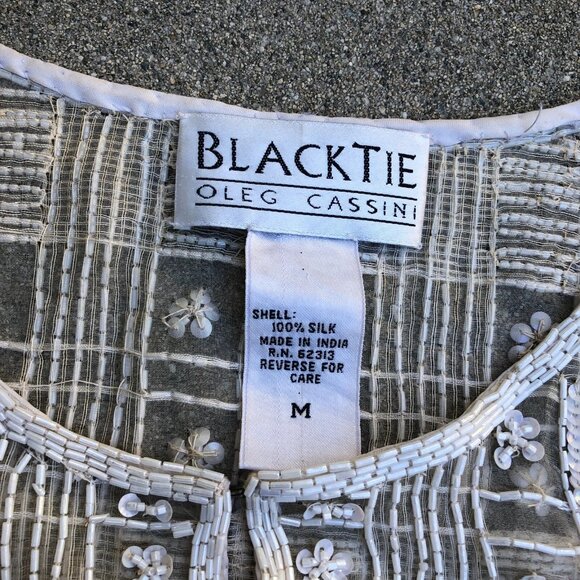 Black Tie Oleg Cassini Beaded Jacket M Women's 100% Silk Beige Sequined Designer - Picture 5 of 9